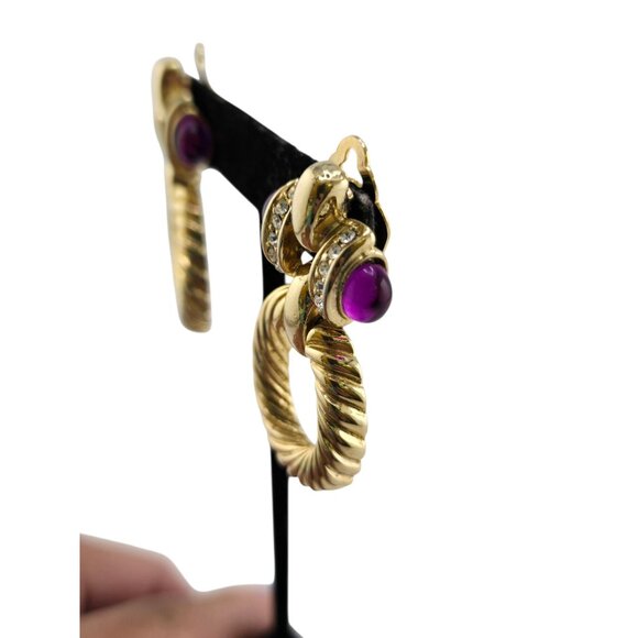 Vintage 80s 2-Tone Purple Mogul Rhinestone Twisted Gold-Plated Hoop Earrings - Picture 2 of 8